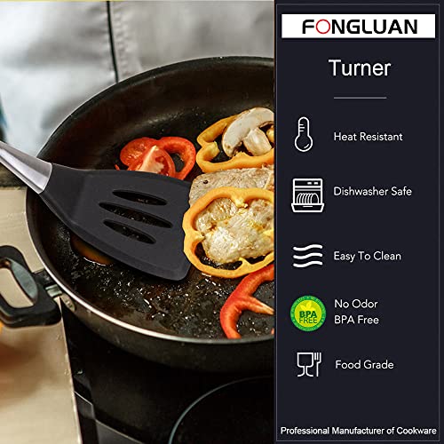  2-Piece Silicone Turner/Spatula Set Stainless Steel Handles Kitchen Spatulas Nonstick Cookware For Cooking & Serving Heat-Resistant BPA Free Cooking Utensils Black