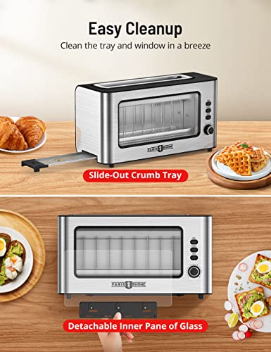  Toaster, Paris Rhône Toaster 2 Slice Extra Wide Long Slot Retro Toaster With Easy View Window, 6 Browning Levels, Easy To Clean, Auto Shutoff, Stainless Steel Silver Toaster For Bagels, Waffles (Silver)