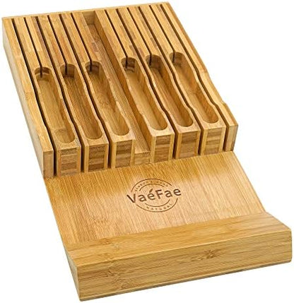  In-Drawer Knife Block, Bamboo Knife Drawer Organizer Insert, Kitchen Knife Holder Drawer For 12 Knives PLUS A Slot For Your Knife Sharpener (Without Knives)