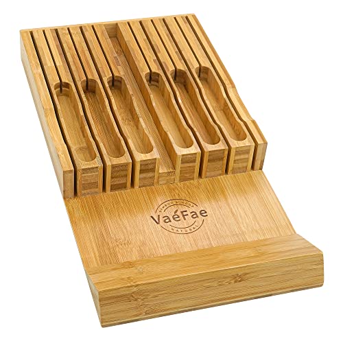  In-Drawer Knife Block, Bamboo Knife Drawer Organizer Insert, Kitchen Knife Holder Drawer For 12 Knives PLUS A Slot For Your Knife Sharpener (Without Knives)
