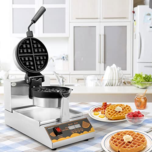  Waffle Maker Commercial Belgian Waffle Maker Belgium Waffles Iron Machine 180° Rotating Flip Waffle Machine Intelligent LED Digital Non-Stick Waffle Maker Baker For Hotel Restaurant, 1250W