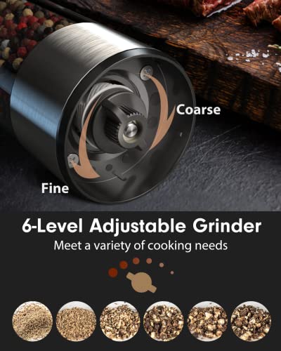  [Upgraded Larger Capacity] Electric Salt And Pepper Grinder Set Rechargeable With LED Lights - Stainless Steel Automatic Pepper Grinder And Salt Grinder Refillable With 6 Adjustable Coarseness