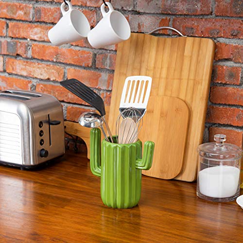  Southwestern Style Green Ceramic Utensil Holder With Cactus Shaped Design, Countertop Utensil Crock Container Kitchen Decor