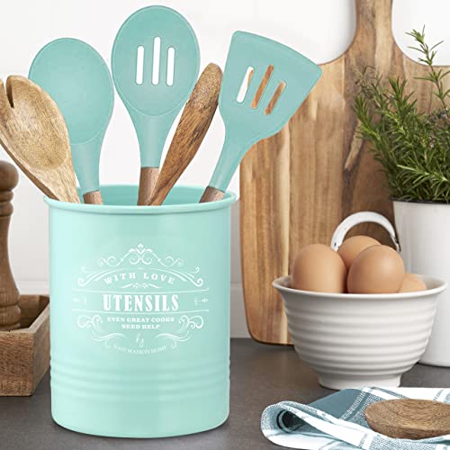  Large Farmhouse Kitchen Utensil Holder For Countertop - Kitchen Utensil Caddy - Teal Cooking Utensils Holder For Kitchen Counter - Utensil Organizer Jar For Wooden Spoon And Spatulas