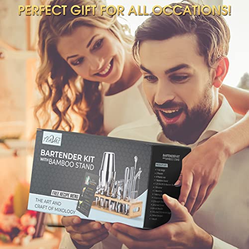  Mixology Bartender Kit With Bamboo Stand And Japanese Jigger | 25-Piece Bar Set Profesional Stainless Steel Bar Tools | Boston Cocktail Shaker Set | Recipe Menu | Barware Present