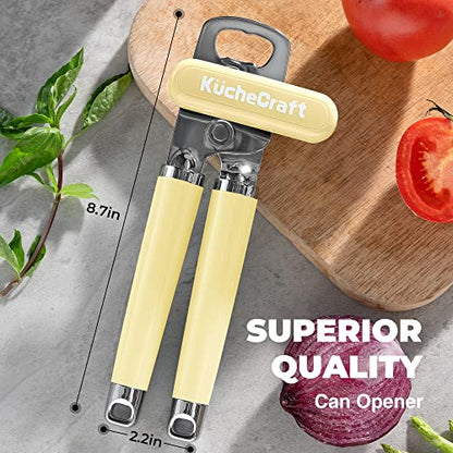  Can Opener Manual, Heavy Duty Handheld Can Opener With Stainless Steel Sharp Blade, Hand Can Opener With Ergonomic Hand Grip And Larger Turning Knob, Built In Bottle Opener(Yellow)