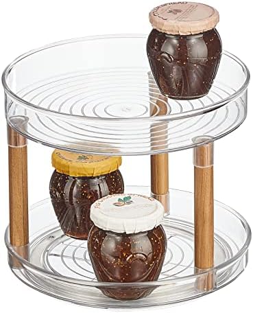  By Nate Berkus 2-Tier Plastic 9-Inch Turntable Organizer With Ash Wood Accents | For Kitchen Cabinet, Countertop, Or Pantry Organizing From MDesign - Set Of 2, Clear/Natural