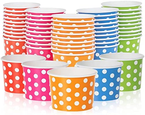 Paper Ice Cream Cups - 50-Count 4-Oz Disposable Dessert Bowls For Hot Or Cold Food, 4-Ounce Party Supplies Treat Cups For Sundae, Frozen Yogurt, Soup, 5 Colors, Polka Dots