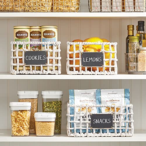  MDesign Hyacinth Open Weave Kitchen Cabinet Pantry Basket With Built-in Chalkboard Label For Organizing Kitchen Pantry, Cabinet, Cupboard, Shelves - Holds Food, Drinks, Snacks, 6 Pack - White Wash