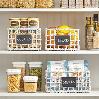  MDesign Hyacinth Open Weave Kitchen Cabinet Pantry Basket With Built-in Chalkboard Label For Organizing Kitchen Pantry, Cabinet, Cupboard, Shelves - Holds Food, Drinks, Snacks, 6 Pack - White Wash