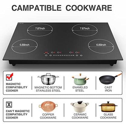  Induction Cooktop, GTKZW 6400W Electric Cooktop, 30 Inch Smoothtop Built-in Electric Stove Top With 4 Burner, LED Touch Screen, 9 Heating Level, Kid Safety Lock, Keep Warm Function