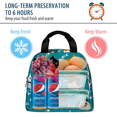  Lunch Bag, Cute Kids Reusable Cooler Lunch Tote Bag Insulated Leakproof Lunch Box Container With Front Pocket For Girls Boys School Work Picnic (Teal Cat)