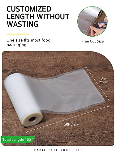  Vacuum Sealer Bags, 2 Rolls 8" X 50' Commercial Grade Bag Rolls, Food Vac Bags For Storage, Meal Prep Or Sous Vide