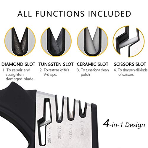  Knife And Scissor Sharpener, Knife Sharpeners For Kitchen Knives, 4 Stage Knife Sharpening Tool, 4-in-1 Kitchen Knife Accessories With Diamond, Ceramic, Tungsten, Black