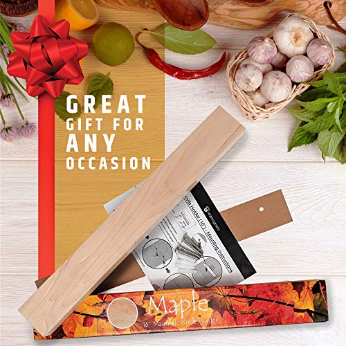  Premium 16 Inch Maple Wood Magnetic Knife Holder – Professional Wooden Magnetic Knife Strip - Space-Saving Knife Rack/Knife Bar With Powerful Magnetic Pull Force (Upgraded Version)