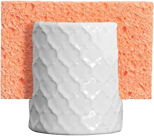  Sponge Holder For Kitchen Sink, Enbossed Ceramic Porcelain Cup For Sponges, Rustic Farmhouse Decor, White