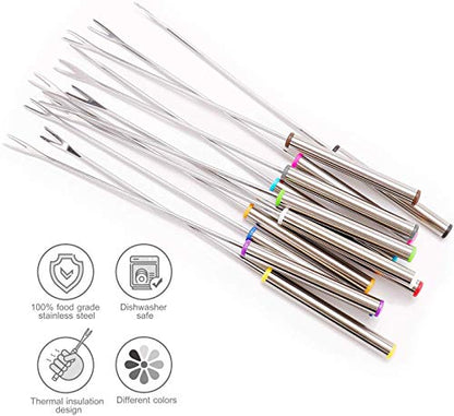  OODiTREE Fondue Forks Set Of 12 With Storage Box Mini Cheese Pot Chocolate Fountain Party Stainless Steel 9.5" Roasting Sticks Dessert Skewers Heat Resistant Multi Color Kitchen Accessories 12 PCS