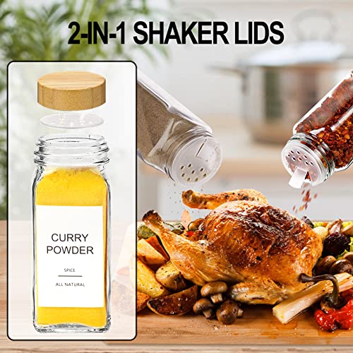  24 Pcs Glass Spice Jars With Bamboo Airtight Lids And 398 Labels, 4oz Empty Square Containers Seasoning Storage Bottles - Shaker Lids, Funnel, Brush And Marker Included