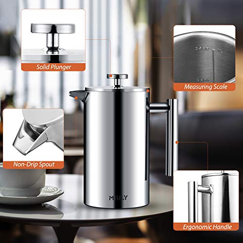  French Press 34oz, Double Insulated 304 Stainless Steel Coffee Press,Stainless Steel French Press With 5 Extra Fliters And 3 Additional Coffee Set(34oz, Sliver)