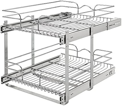  Rev-A-Shelf 5WB2-0922CR-1 9 X 22 Inch 2-Tier Wire Pull Out Storage Shelf Drawer Basket W/100lb Capacity For Kitchen Base Cabinet Organization, Chrome