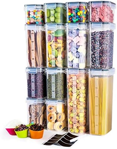  Airtight Food Storage Containers With Lids, Clear Pantry Canister Set For Kitchen Organization, Stackable Organizers For Flour, Sugar, Cereal, Rice, BPA Free Plastic 14-Pack With Different Sizes Dark Gray