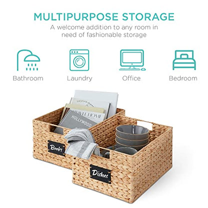 Best Choice Products Antry Baskets Set Of 2 16x12in Water Hyacinth Storage Baskets, Woven Wicker Kitchen Organizers With Handles W/Chalkboard Label Chalk Marker - Natural