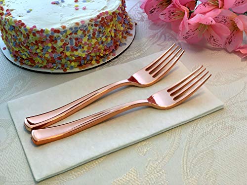  50 Piece Premium Rose Gold Plastic Forks | Extra Heavy Duty With Bright Shiny Finish | Convenient And Strong | Ludere Elegant Disposable Forks