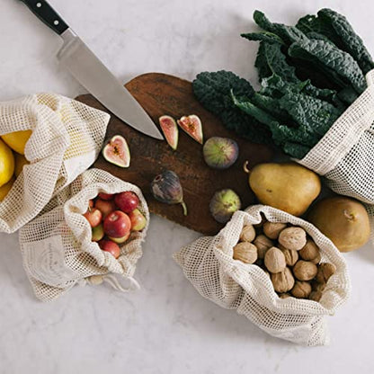  Reusable Produce Bags Organic Cotton | Home Essentials Sustainable Living, Washable Laundry, Travel Organizer, Zero Waste Biodegradable Drawstring Vegetable Mesh Grocery Bag | Set Of 7 W/Tare Weights