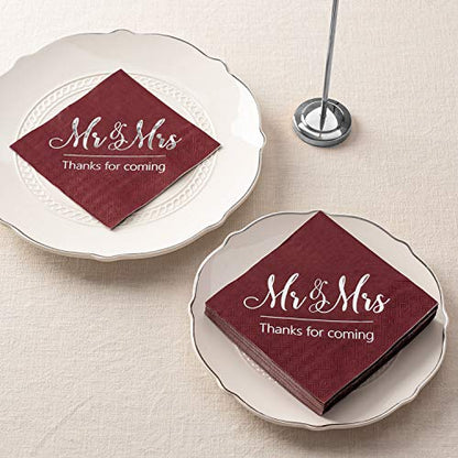  Wedding Napkins Mr Mrs Burgundy Silver Cocktail Beverage Dessert Disposable Napkins For Wedding Shower Engagement Party Decorations, Wedding Table Decor, 100 Pcs, 3-Ply