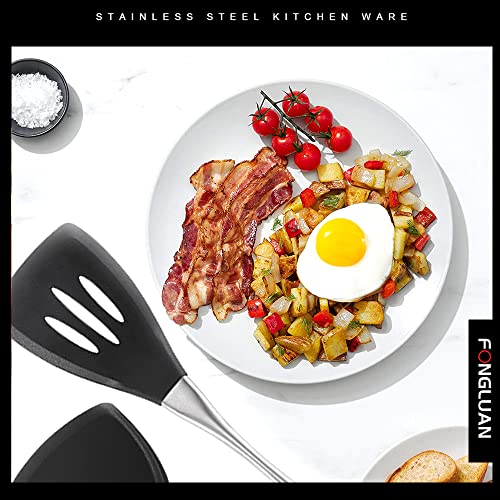  2-Piece Silicone Turner/Spatula Set Stainless Steel Handles Kitchen Spatulas Nonstick Cookware For Cooking & Serving Heat-Resistant BPA Free Cooking Utensils Black