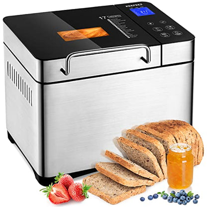  KEEPEEZ Bread Maker Machine, 2LB Premium Stainless Steel Bread Maker, 17-in-1 With Gluten Free, Jam, Yogurt, Dough, Auto Nut Dispenser, Ceramic Pan, 1Hour Keep Warm, 3 Crust Shades, 2 Paddles, Recipes