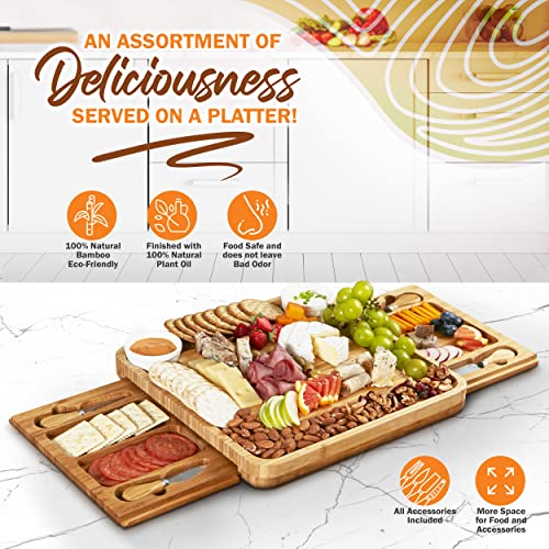  Large Charcuterie Board Set With 4x Cheese Knives, 2x Ceramic Bowls - 13x 13 Inch Bamboo Charcuterie Boards - Magnet Drawers - Bachelor Party Gift, Anniversary, Wedding Gifts For Couples - Wine It Now