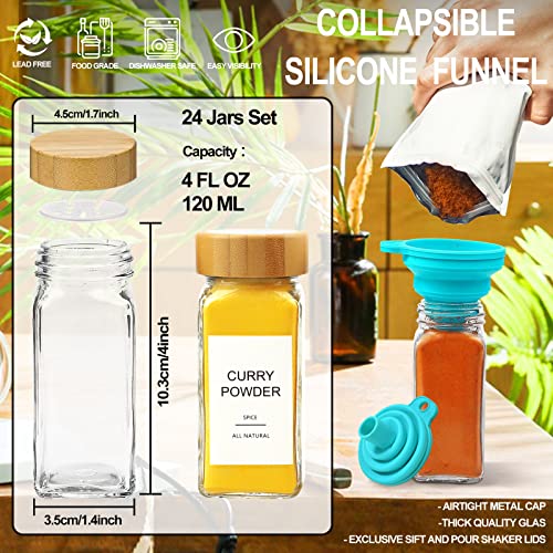  24 Pcs Glass Spice Jars With Bamboo Airtight Lids And 398 Labels, 4oz Empty Square Containers Seasoning Storage Bottles - Shaker Lids, Funnel, Brush And Marker Included