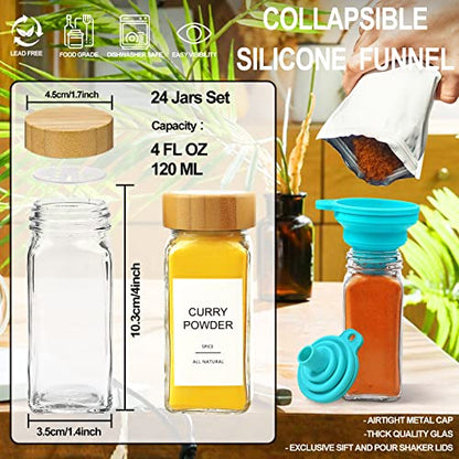  24 Pcs Glass Spice Jars With Bamboo Airtight Lids And 398 Labels, 4oz Empty Square Containers Seasoning Storage Bottles - Shaker Lids, Funnel, Brush And Marker Included
