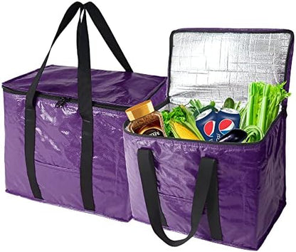  BeeGreen 2 Packs Black Insulated Grocery Bags Collapsible Shopping Cooler Thermal Tote With Zipper For Hot Cold Frozen Food Transport X-Large 60LBS Reusable Durable Long Handles Stands Upright