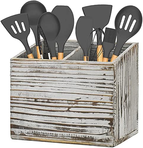  Utensil Holder For Kitchen Counter, Wood Utensil Organizer With 2 Compartments, Utensil Caddy And Silverware Organizer For Kitchen Decor, Black Kitchen Accessories