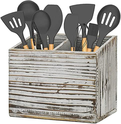  Utensil Holder For Kitchen Counter, Wood Utensil Organizer With 2 Compartments, Utensil Caddy And Silverware Organizer For Kitchen Decor, Black Kitchen Accessories