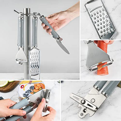  Tainless Steel Kitchen Gadget Set,5PCS Kitchen Accessories With Pizza Cutter, Can Opener, Y Peeler, Grater And Gadgets Holder