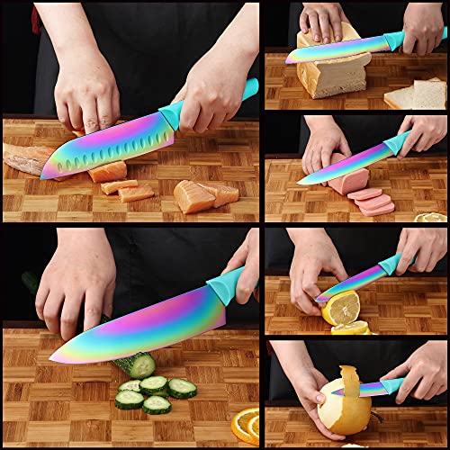 DISHWASHER SAFE Kitchen Knife Set, Marco Almond® KYA37 12-Piece Rainbow Titanium Stainless Steel Boxed Knives Set For Kitchen With Sheath, 6 Knives With 6 Blade Guards, Teal