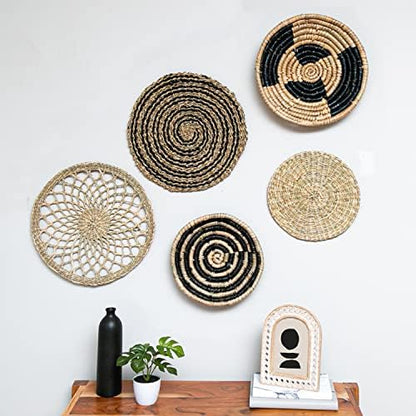  Coastal Wall Decor - Set Of 5 Wicker Wall Baskets, Blue Basket Wall Decor Set, Boho Seagrass Wall Decor - Wave, Stars, Sunburst Pattern