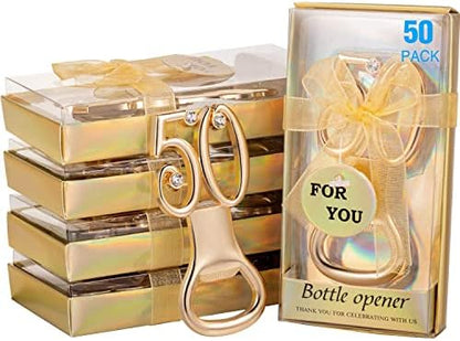  50 Pcs Golden Bottle Opener Birthday Party Favors, Rhinestones Wedding Anniversary For Guests Beer Opener Favor Gift Party Decor (60th Style)