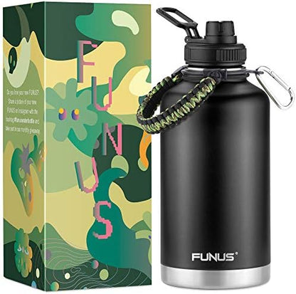  64oz Insulated Water Bottle (2 Lids) 64 Oz Vacuum Stainless Steel Water Bottle With Handle Flip Top Lid And Paracord BPA Free Metal Water Jug Sports Outdoor Camping