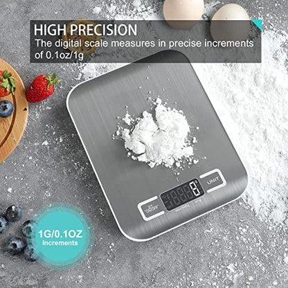  Gital Kitchen Scale,Food Scale For Meat Baking Weight,Unit Gram OZ Lb Up 11 Lb(1g-5KG),Silver Stainless Steel Anti-Fingerprint With Accuracy LCD Display For Cooking Black(Include AAA Battery)