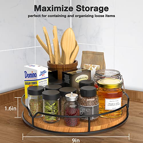  Lazy Susan Turntable Organizer For Cabinet Pantry Kitchen Countertop Refrigerator Cupboard, Pine Wood, 9", Carbonized Black