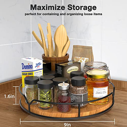  Lazy Susan Turntable Organizer For Cabinet Pantry Kitchen Countertop Refrigerator Cupboard, Pine Wood, 9", Carbonized Black