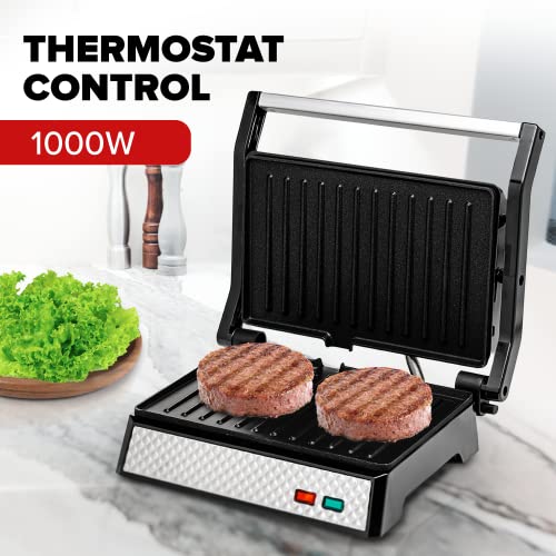  Vente Electric Panini Press Grill And Sandwich Maker With Nonstick Coated Plates, Opens 180 Degrees For Any Food, 1000W Thermostat Control Removable Drip Tray And Easy To Clean Grids, Silver GP0540BR