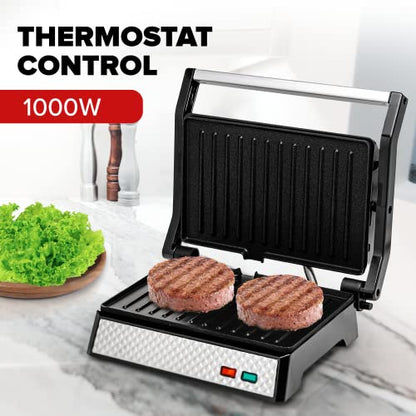  Vente Electric Panini Press Grill And Sandwich Maker With Nonstick Coated Plates, Opens 180 Degrees For Any Food, 1000W Thermostat Control Removable Drip Tray And Easy To Clean Grids, Silver GP0540BR