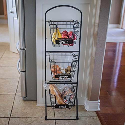  IRDROCK HOME 3-Tier Wire Market Basket Stand With Chalk Label - Snack Fruit Vegetable Produce Metal Hanging Storage Bin For Kitchen Pantry - Free-Standing Or Stacking Organizer - Black