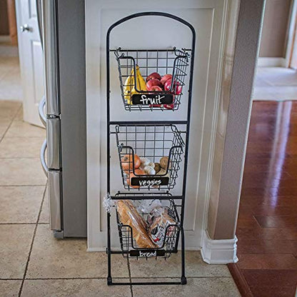  IRDROCK HOME 3-Tier Wire Market Basket Stand With Chalk Label - Snack Fruit Vegetable Produce Metal Hanging Storage Bin For Kitchen Pantry - Free-Standing Or Stacking Organizer - Black