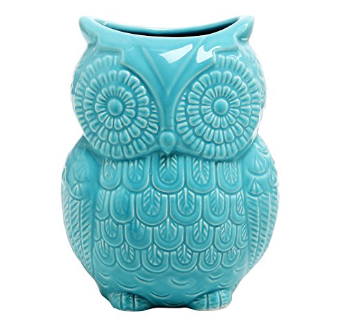  Aqua Blue Owl Shaped Ceramic Kitchen Crock Utensil Holder, 8 Inch Multipurpose Storage Jar Vase Canister, Art Brush Holder